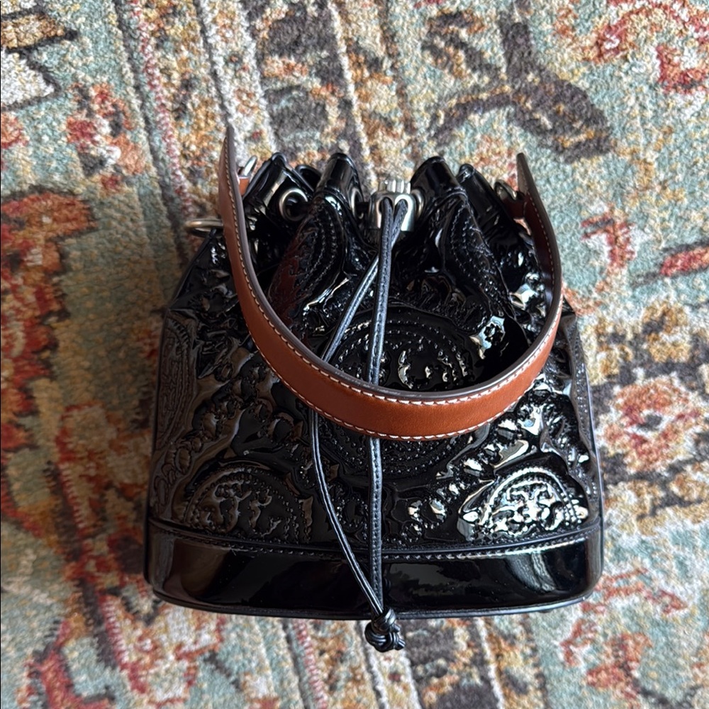 Tory Burch Black Patent Mini Drawstring Bucket with Brown Top Handle